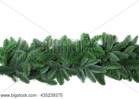 Christmas Border Frame Of Natural Noble Fir Tree Branches Isolated On White Background