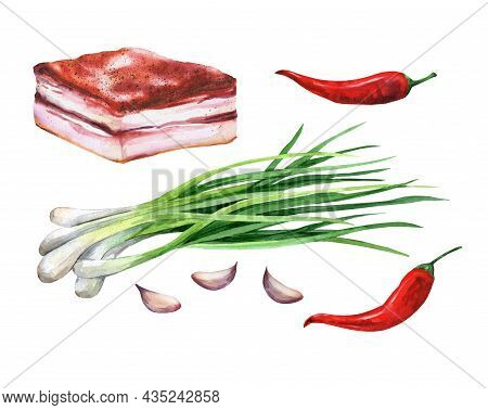 Set Pork Belly, Red Ho Pepper, Garlic And Green Onions. Illustration On Isolated White Background