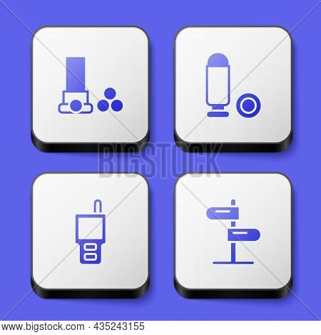 Set Cartridges, Bullet, Walkie Talkie And Road Traffic Sign Icon. White Square Button. Vector