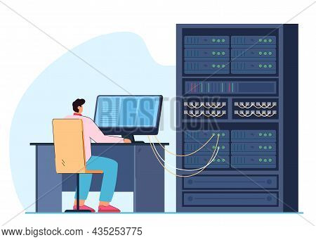 Man Engineer Working On Computer Server Rack Switchboard. Guy Switching Panel Cabinet With Plugged E
