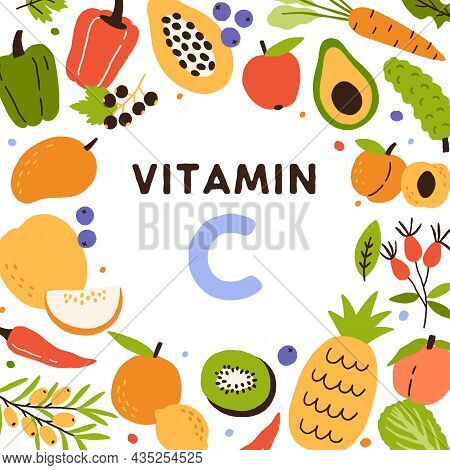 Food Sources Of Vitamin C. Frame Of Natural Antioxidants, Citrus Fruits And Vegetables Enriched With