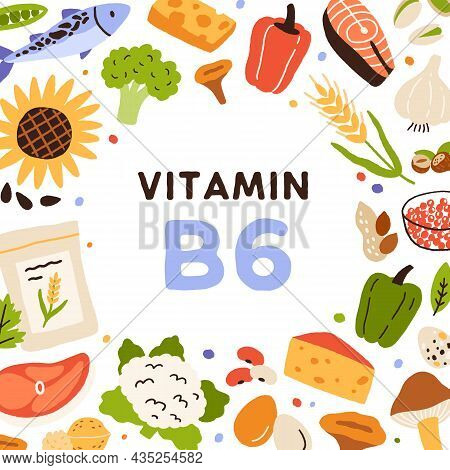 Vitamin B6 Card. Frame Of Organic Natural Food Sources Of Vitamine B 6. Healthy Nutrients Circle. Nu