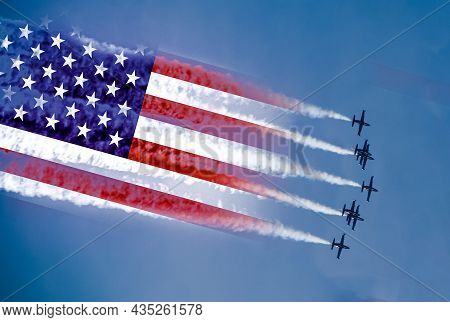 Usa Air Forces Strike Concept. Fighter Aircrafts With American Flag Contrail
