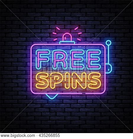 Free Spins Neon Design On Black Background. Neon Retro Template With Black Free Spins On Light Backg