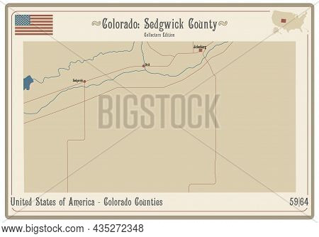 Map On An Old Playing Card Of Sedgwick County In Colorado, Usa.