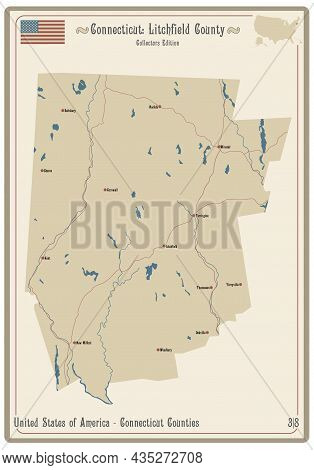 Map On An Old Playing Card Of Litchfield County In Connecticut, Usa.