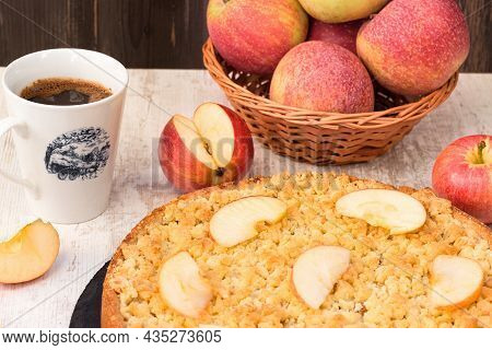 Homemade Apple Pie Closeup, Pple Pie And Cup Of Coffee On Rustic Table