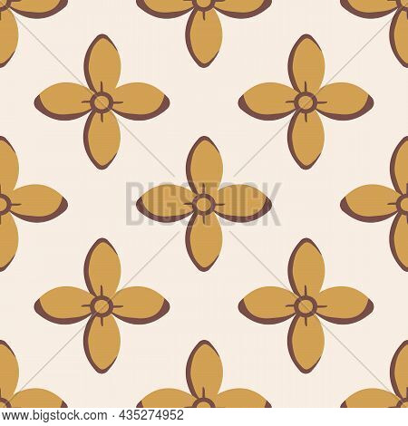 Simple Medieval Style Stylized Flowers Vector Pattern Background. Hand Drawn Gold Ochre Floral Motif