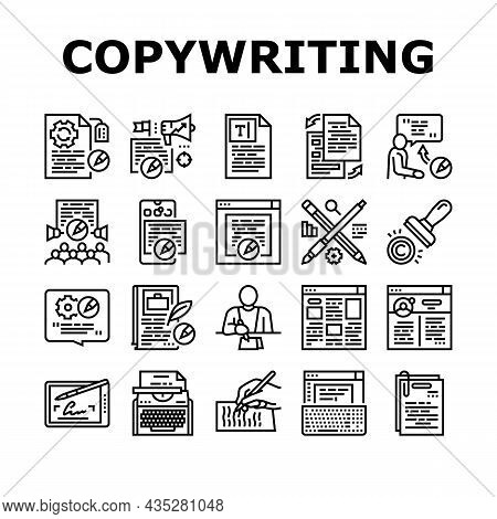 Copywriting Content Strategy Icons Set Vector. Online Copywriting And Public Relations, Typewriter O