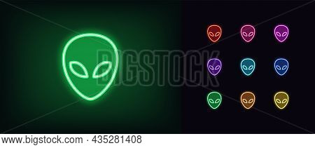 Outline Neon Alien Icon. Glowing Neon Alien Face, Humanoid Emoticon In Vivid Colors. Space Invasion,