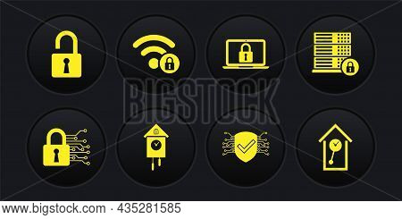 Set Cyber Security, Server With Lock, Retro Wall Watch, , Laptop And And Wifi Locked Icon. Vector