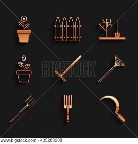 Set Garden Rake, Fork, Sickle, Leaves, Pitchfork, Flowers In Pot, Planting Tree The Ground And Icon.
