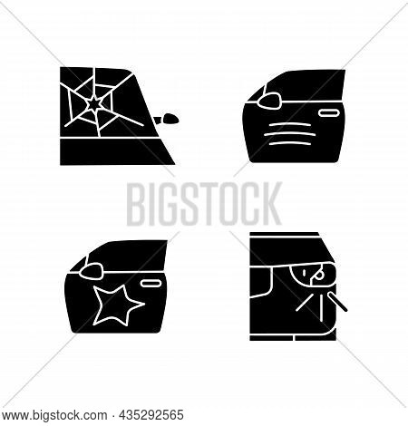 Auto Accident Types Black Glyph Icons Set On White Space. Windscreen Damage. Door Panel Dents. Scrat