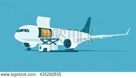 Cargo Plane With Open Cargo Hatch While Loading Container Isolated. Vector Illustration.