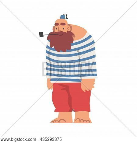 Bearded Brutal Man Pirate Or Buccaneer Character In Striped Vest Smoking Pipe As Marine Robber Vecto