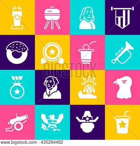 Set Paper Glass With Straw, Eagle Head, Trumpet, Benjamin Franklin, Medal Star, Donut, Stage Stand O