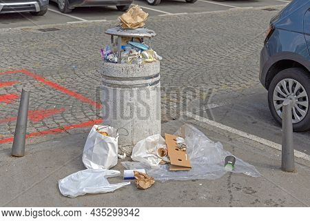 Litter Bin Overloaded At Street City Garbage Problem