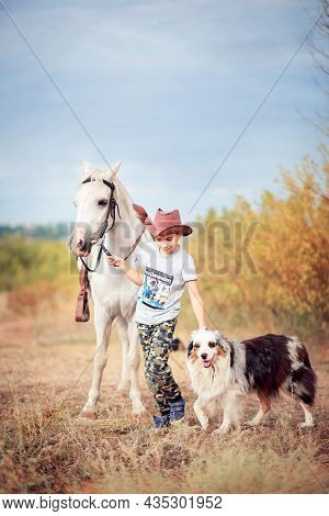 A Boy In A Cowboy Hat Walks Across The Field And Leads A Horse And A Herding Dog. Life On A Farm, Co