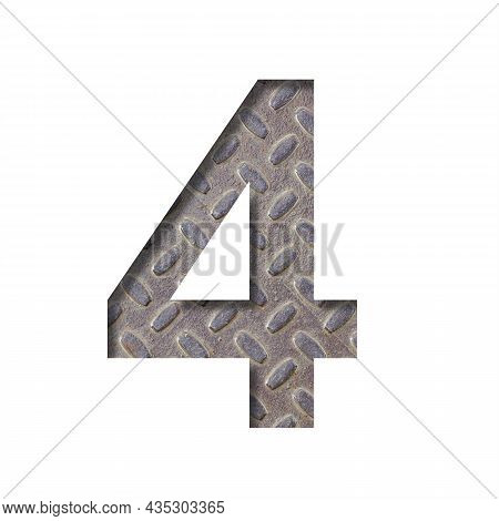 The Number Four, 4 Is Cut From White Paper Against The Background Of An Industrial Sheet Of Rusty St