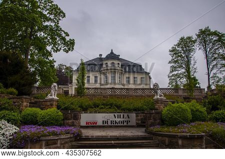Villa Durkopp One Of The Hotel With Beautiful Cortyard In Front In City Bad Salzuflen. Lion Scluptur