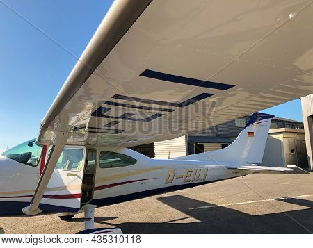 Hohenems, Austria, July 7, 2020 Cessna 182 Is Parking On Its Position On A Sunny Day
