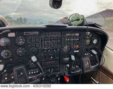 Hohenems, Austria, June 15, 2020 Cessna 182 Analog Instruments In The Cockpit
