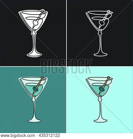 One Line Drawing Martini Glass With Olive On Various Background. Four Types Of Images. Colored Carto