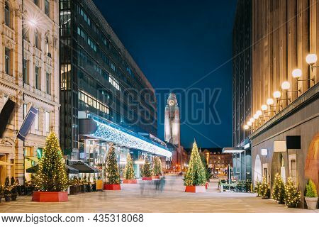 Helsinki, Finland. Night View Of Keskuskatu Street In Evening Christmas New Year Xmas Festive Illumi