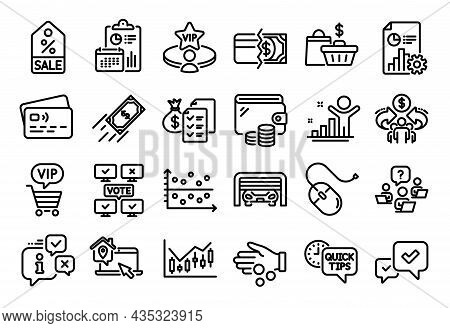 Vector Set Of Work Home, Sale Coupon And Parking Garage Line Icons Set. Calendar Report, Money Walle
