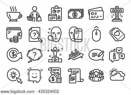 Vector Set Of Growth Chart, Banking And Attraction Line Icons Set. Calendar Report, Money Wallet And