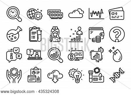Vector Set Of Chemistry Lab, Employee Hand And Covid Test Line Icons Set. Calendar Report, Money Wal
