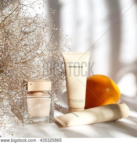 Grodno, Belarus - 07.21.2021: Narciso Rodriguez Poudree Perfume Close-up On A White Isolated Backgro