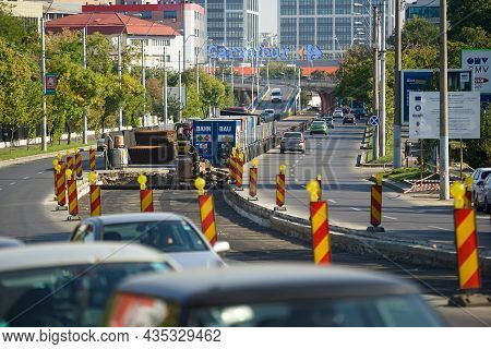 Bucharest, Romania - September 27, 2021: Reconstruction Of The Tram Line On General Vasile Milea Bou