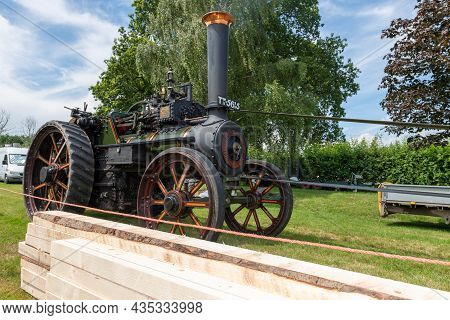 Honiton.Devon.United Kingdom.July 2nd 2021.A restored Burrel traction engine is on display at the De