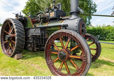 Honiton.Devon.United Kingdom.July 2nd 2021.A restored Burrel traction engine is on display at the De