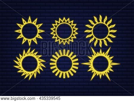 Sun Icon Doodles Isolated On Blue Background. Summes Season. Sun Neon Set.