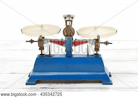 Retro Roberval Balance, Scale On The White Wooden Table