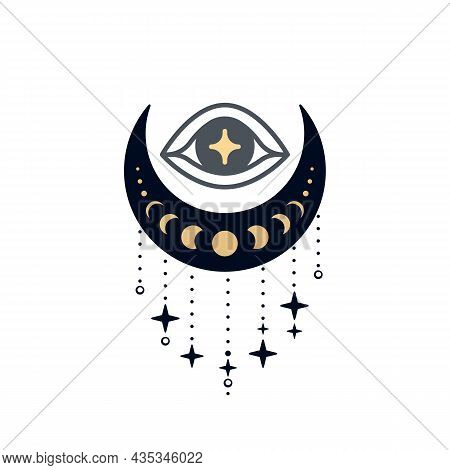 Eye Of Providence Over Crescent With Decoration. Sacred Mystical Symbol