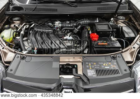 Novosibirsk, Russia - July 01, 2021:  Renault Sandero Stepway,  Close Up Detail Of  Car Engine, Fron