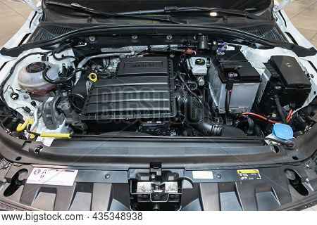 Novosibirsk, Russia - September  12, 2021: Scoda Rapid, Close Up Detail Of  Car Engine, Front View. 