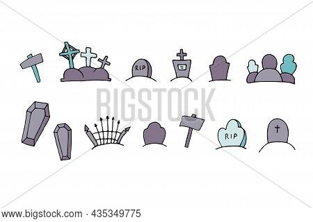Vector Doodle Sepulcher Set. Grave, Coffin Isolated On White Background. Headstone, Crosses, Tomb On