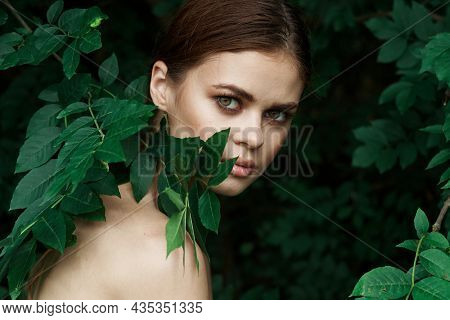 Portrait Of A Woman Cosmetology Nature Green Leaves Glamor Lifestyle