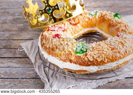 Traditional Spanish Epiphany Cake, Roscon De Reyes With Festive Decorations