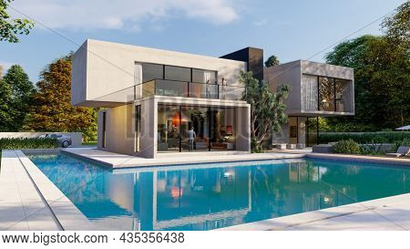 3D rendering of a big contemporary villa with impressive garden and pool