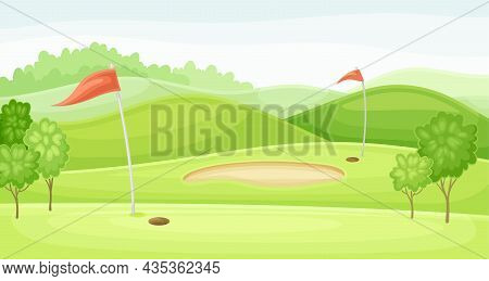 Golf Course With Holes, Red Flags And Sand Trap. Green Summer Beautiful Landscape Vector Illustratio