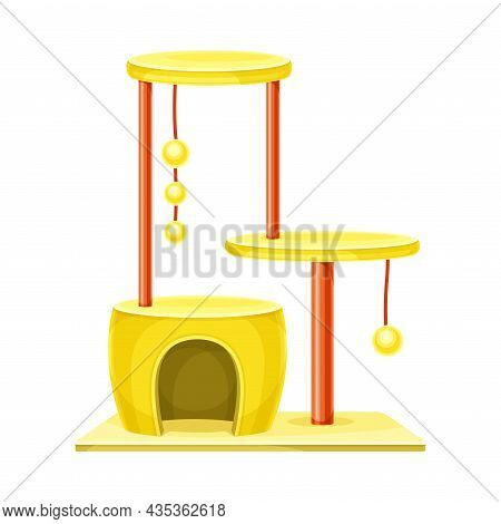 Comfortable House Gor Cat With Scratching Post And Hanging Ball. Pet Animals Supply Vector Illustrat