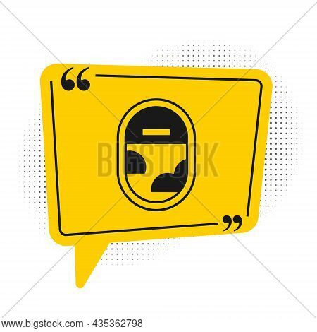 Black Airplane Window Icon Isolated On White Background. Aircraft Porthole. Yellow Speech Bubble Sym
