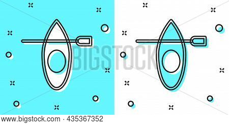 Black Line Kayak And Paddle Icon Isolated On Green And White Background. Kayak And Canoe For Fishing