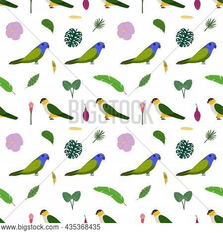 Seamless Pattern With Parrots Pionus, Black Headed, Tropical Leaves And Flowers. Cute Baby Print For