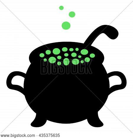 A Pot Of Boiling Potion. Silhouette. Bubbles Of Green Color Fly Upwards. Vector Illustration. Isolat